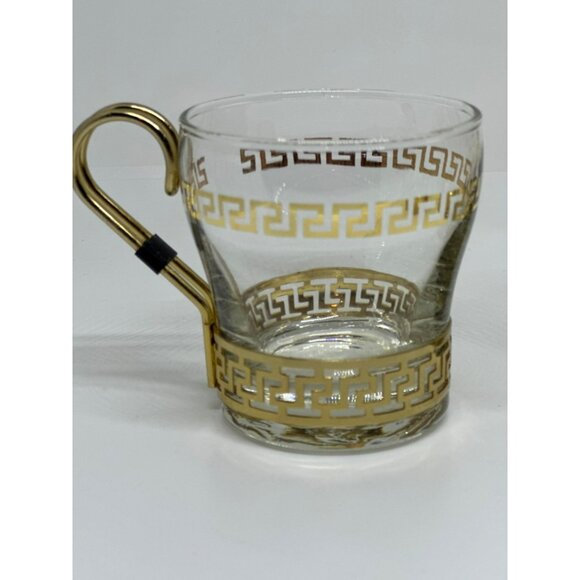 VTG Libbey Gold Greek Key Glass Coffee Cups – Set of 5 w/ Brass Holders 3” Retro - Picture 2 of 5